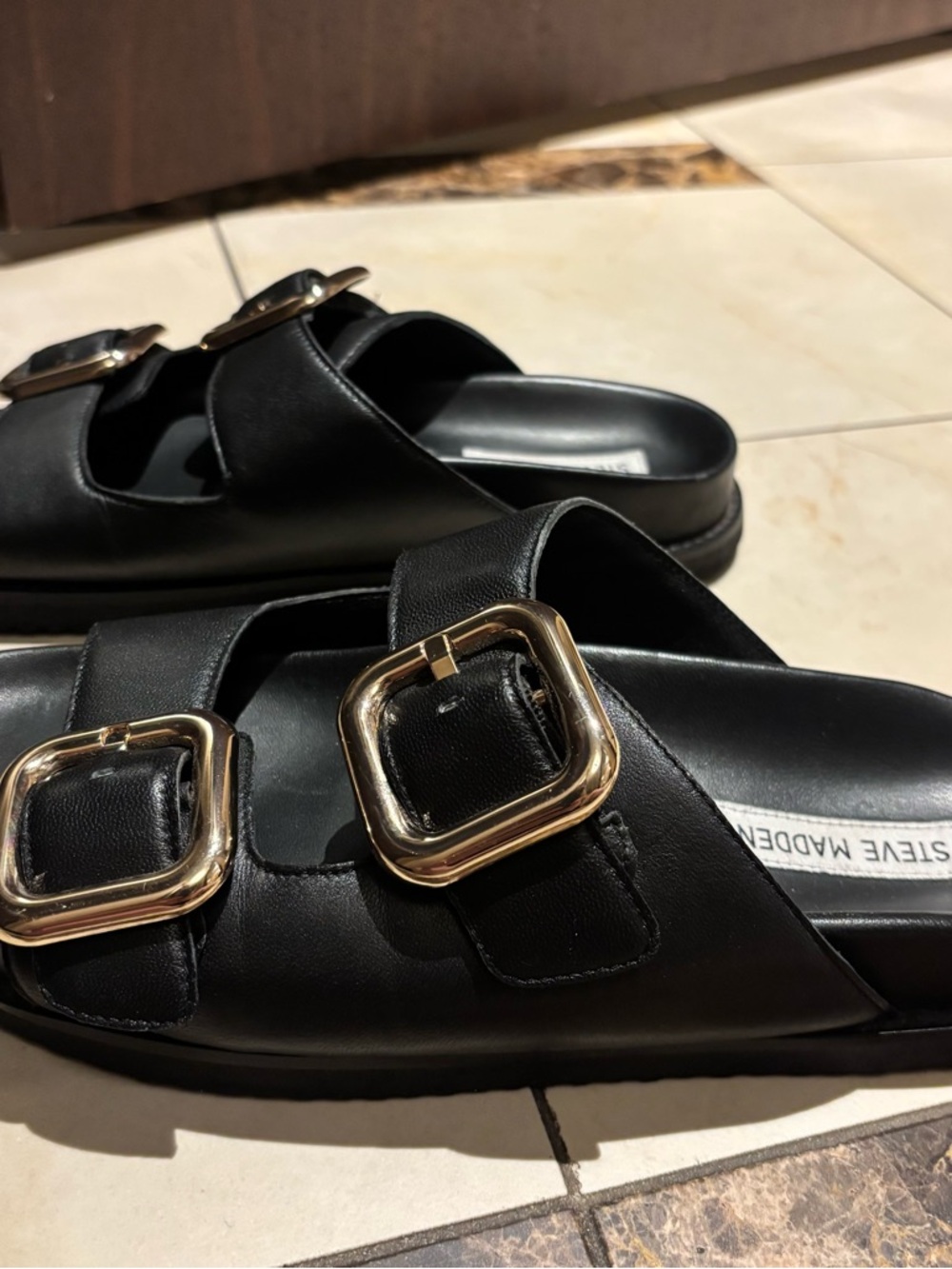 Steve Madden Black Slide Sandals with Gold Buckles - Picture 4 of 6
